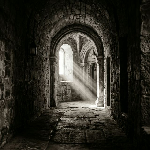 Ancient stone corridor with light
